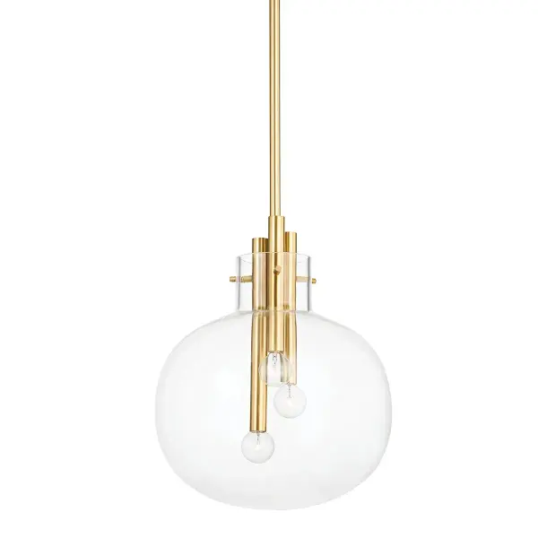 The Hempstead transforms the classic glass globe with suspended metal rods at varying heights, creating dimensional visual interest. Its clear glass showcases exquisite metalwork while the aged brass finish adds warmth and sophistication.