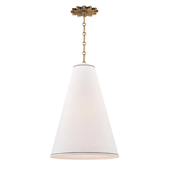 The Worth pendant combines classic aged brass metalwork with a contemporary white linen shade, creating versatile ambient lighting. Its medium scale and adjustable height make it ideal for kitchen islands and dining areas.