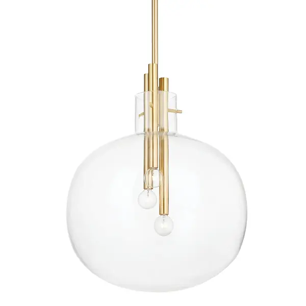 The Hempstead transforms the classic glass globe with suspended metal rods at varying heights, creating dimensional visual interest. Its clear glass showcases exquisite metalwork while the aged brass finish adds warmth and sophistication.