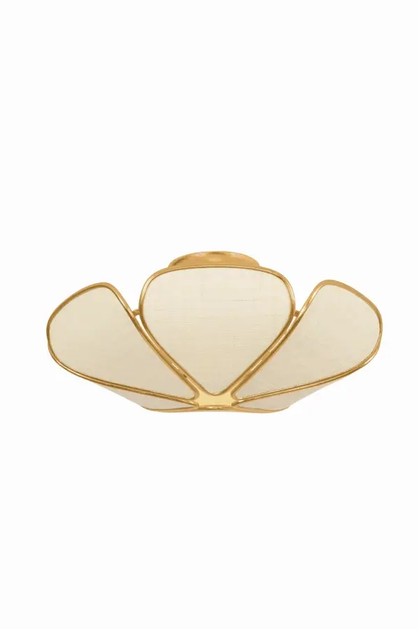 The Bayville semi-flush mount brings organic sophistication with its flowing botanical silhouette and natural Saguran fabric shade. The petal-like panels edged in Vintage Gold Leaf create a warm, artistic glow perfect for transitional and contemporary spaces.