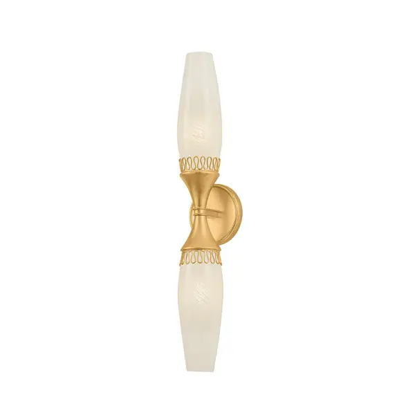 An elevated staple, Pennebrook is a tailored two-light bath sconce with expressive metalwork and elegant shaping. Softly tapered cloud glass shades recall elongated flower buds, providing a gentle diffusion of light. A delicate looped collar in Vintage Gold Leaf adds decorative embellishment to the sophisticated silhouette. Collection: Pennebrook Designer: Hudson Valley Lighting Finish: Vintage Gold Leaf Glass: Cloud Etched Inside Width: 4.75" Height: 24.00" Weight: 5.50 lb Extension from Wall: 4.00" Canopy: 4.75"x4.75" Number of Bulbs: 2 Maximum Wattage: 10.00 W Bulb Type: B11 Bulb Base: E12 Candelabra Voltage: 120.00 V Material: Glass Country of Origin: PH Safety Listing: UL/cUL Safety Rating: Damp ADA Manufacturer Warranty: 1 Year Limited Manufacturer Spec Sheet Instructions