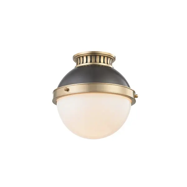 The Latham flush mount updates traditional styling with sophisticated details like ventilated holders and spherical mounting pins. Its compact 9.5-inch diameter and aged bronze finish make it versatile for various spaces.