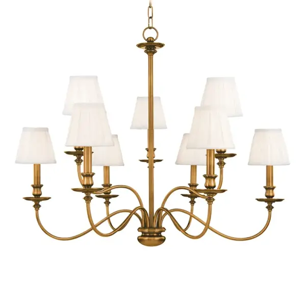 The Menlo Park chandelier combines transitional elegance with contemporary clean lines. Its aged brass finish and faux silk shades create warm, inviting illumination perfect for dining spaces and large gathering areas.