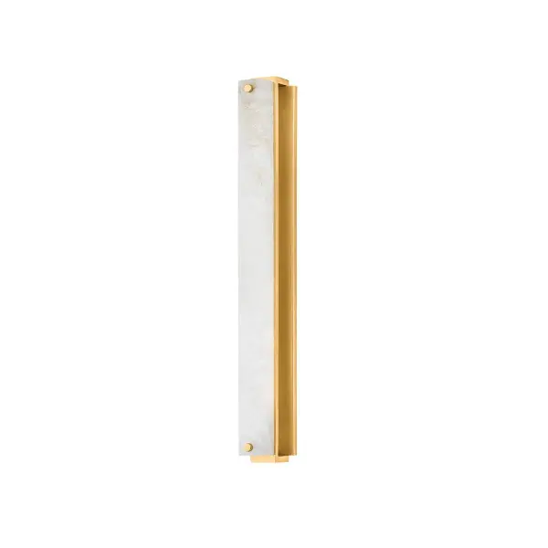 The Edgemere sconce reimagines traditional wall lighting with integrated LED strips and geometric alabaster panels. Its bold architectural silhouette combines aged brass metalwork with natural stone for a sophisticated, futuristic aesthetic.