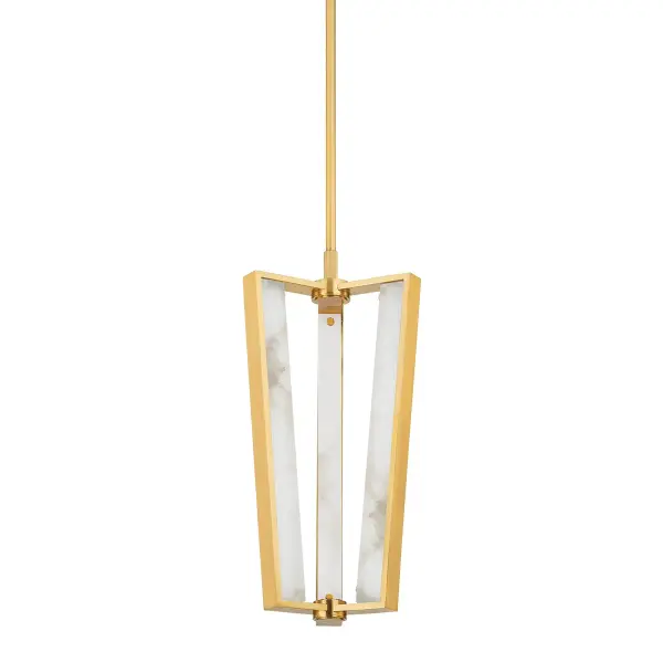 The Edgemere redefines pendant lighting with integrated LED strips built into its geometric cage structure. Alabaster panels create a sophisticated glow while the aged brass finish adds warmth and character.