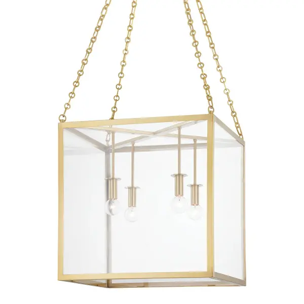 The Catskill lantern brings refined elegance with its cube frame suspended by intricately detailed chains. The unique downward lamp orientation creates beautiful ambient lighting while the aged brass finish adds warmth and character.