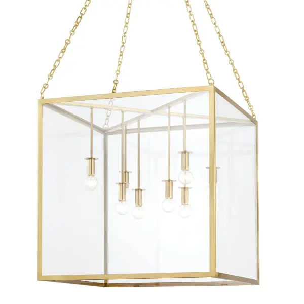 The Catskill brings architectural elegance with its large 24-inch cube frame suspended by intricately detailed chains. The unique downward lamp orientation creates beautiful ambient lighting while the substantial scale makes a bold statement in grand spaces.