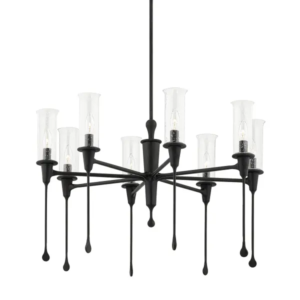 The Chisel chandelier transforms functional lighting into gallery-worthy art with its dramatic hand-crafted holder that extends downward in a striking dripping form. Clear seeded glass shades showcase the sculptural metalwork while providing ample illumination.