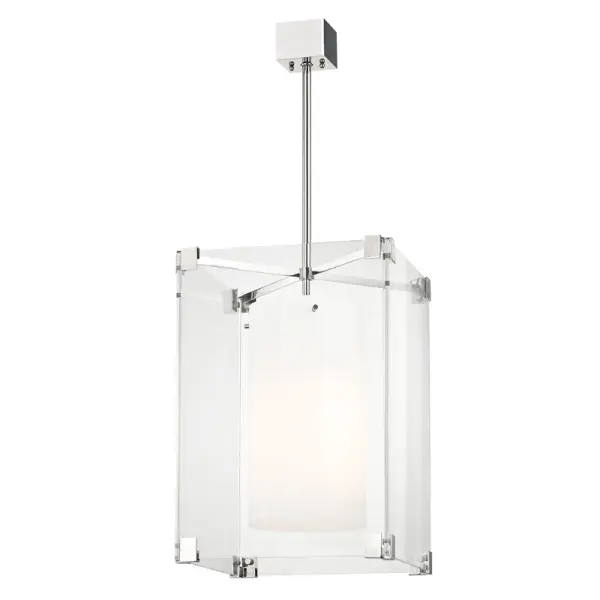 A stunning three-light pendant that reimagines 1950s French design with transparent acrylic and opal diffusers. The clean lines and polished nickel finish bridge traditional and contemporary aesthetics effortlessly.