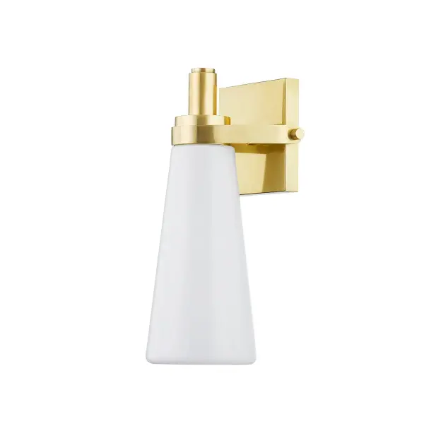 The Trude sconce combines mid-century mechanical detailing with practical downward illumination. Its conical opal glass shade and upscale metalwork create a sophisticated look that works in both classic and contemporary settings.