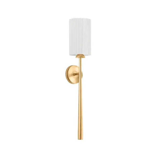The Sterling sconce blends architectural sophistication with soft, inviting details. Its elongated stem and pleated linen shade create a refined silhouette, while the vintage gold leaf finish adds warmth and timeless appeal.