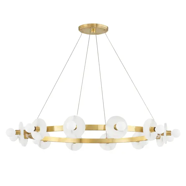 The Austen chandelier delivers sophisticated linear lighting with 12 candelabra bulbs arranged in a sleek 40-inch span. Its aged brass finish adds warmth and character, making it ideal for large dining spaces and kitchen islands.