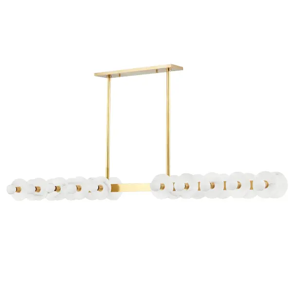 The Austen makes a bold architectural statement with 20 candelabra lights arranged along a nearly 5-foot span. The aged brass finish adds warmth while the linear form provides modern sophistication for large dining and kitchen spaces.