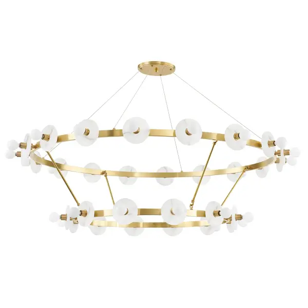The Austen makes a dramatic impact with 30 candelabra lights spanning nearly 5 feet. Its aged brass finish and generous scale command attention in grand dining rooms, oversized kitchen islands, and commercial hospitality spaces.