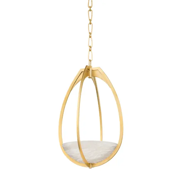 Lloyd transforms natural alabaster into a floating work of art. The delicate metal cage cradles a luminous white alabaster bowl that casts warm ambient light while creating dramatic upward illumination through its open teardrop form.