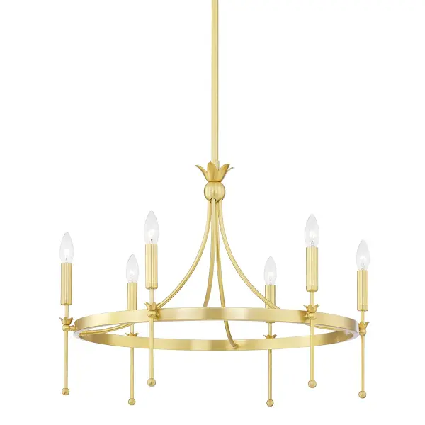 The Gates chandelier reimagines traditional candlestick design with graceful downward-stretching arms and tulip-shaped accents. The aged brass finish adds warmth and sophistication to dining spaces.
