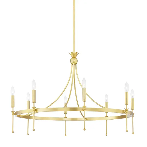 The Gates chandelier reimagines classic candlestick design with graceful downward-sweeping arms and tulip-shaped accents. Its substantial 38.5-inch width and aged brass finish bring warmth and sophistication to formal dining spaces.