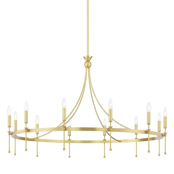 The Gates chandelier reimagines classic candlestick design with graceful downward-sweeping arms and tulip-shaped accents. Its substantial 50.5-inch width and warm aged brass finish create a commanding presence perfect for large formal spaces.