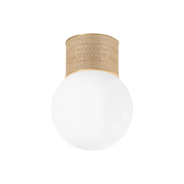 The Ardsley brings nautical charm to compact spaces with its hand-wrapped natural Abaca rope and vintage gold finish. The oversized opal glass bulb provides soft, diffused light perfect for hallways and small rooms.