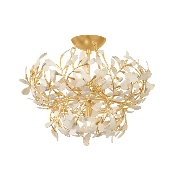 The Maybrook semi-flush mount transforms organic materials into sophisticated lighting art. Carved coco shell petals arranged in graceful vine patterns create a nest-like silhouette that's both voluminous and delicate, perfect for spaces seeking natural elegance with a glamorous edge.