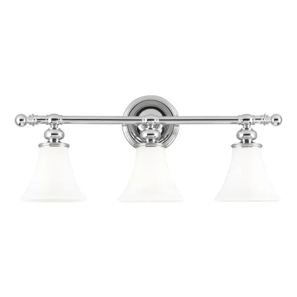 The Weston bath bracket delivers sophisticated illumination with its clean lines and polished nickel finish. Three opal matte glass shades provide even, flattering light ideal for grooming tasks while the 25-inch width suits most standard vanities.