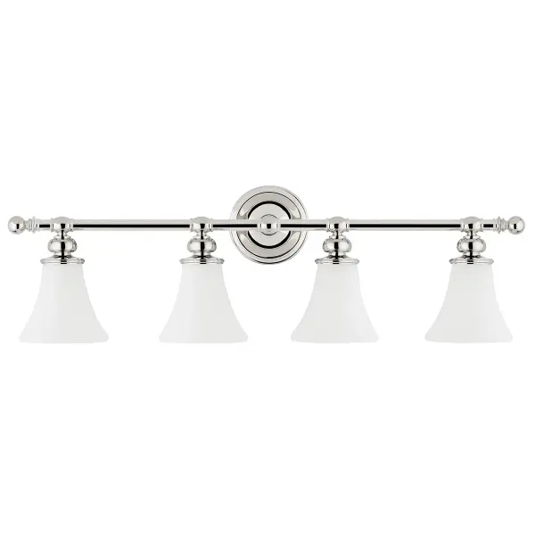 The Weston bath bracket delivers sophisticated illumination with four A19 bulbs housed in opal matte glass shades. Its 33.75-inch width makes it ideal for double vanities, while the polished nickel finish adds timeless elegance to any bathroom.