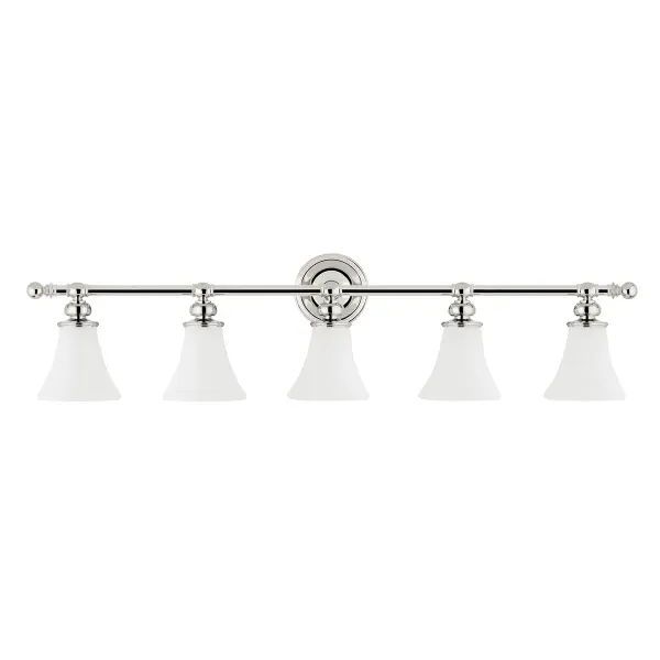 The Weston bath bracket delivers sophisticated illumination with five A19 bulbs housed in opal matte glass shades. Its 42.75-inch width makes it ideal for double vanities, while the polished nickel finish adds timeless elegance.