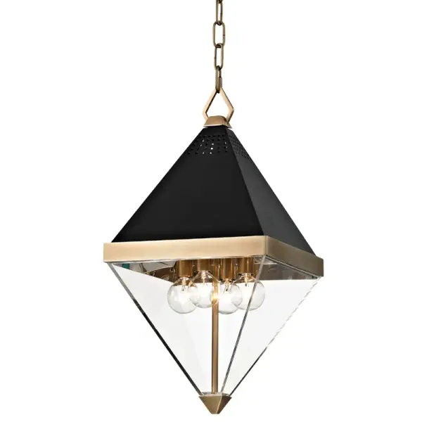The Coltrane lantern brings timeless elegance with its geometric frame and warm aged brass finish. Clear glass panels showcase four candelabra bulbs, creating ambient glow perfect for entryways and dining spaces.