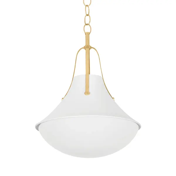 This sophisticated pendant combines vintage gold leaf metalwork with a white plaster shade for a refined transitional aesthetic. The mixed-material design offers versatility across traditional and contemporary interiors.