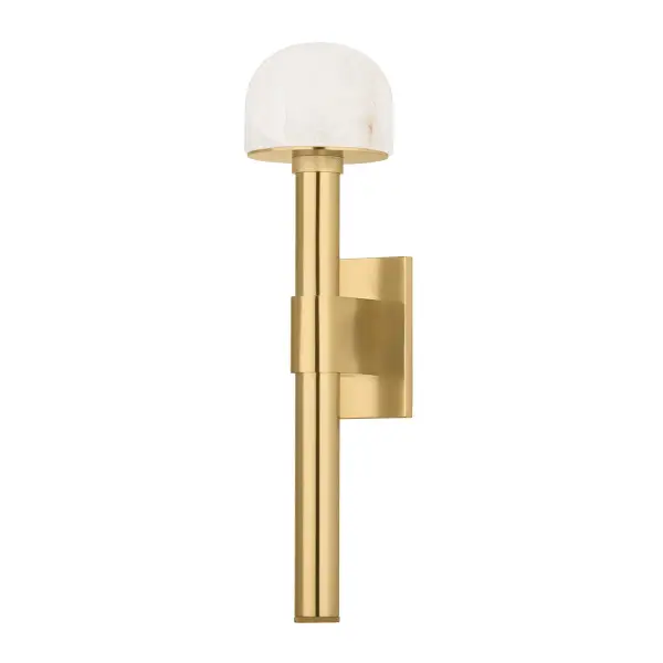 Bellvale combines torch-like vertical design with luminous alabaster and knurled brass detailing. The aged brass finish and natural stone create a sophisticated vintage aesthetic perfect for intimate spaces.