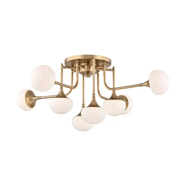 The Fleming makes a bold impression with its 36-inch diameter and sophisticated aged brass finish. Eight integrated LED lights provide ample illumination while the opal glass diffuses light beautifully for ambient glow.