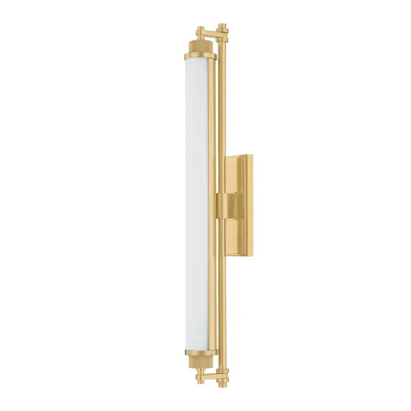 The Plandome delivers high-end modern style with integrated LED lighting and a slender profile. Its opal matte glass tube and aged brass finish create a sophisticated look perfect for contemporary bath spaces.