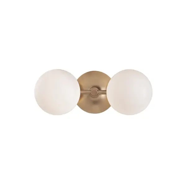 The Fleming bath bracket combines energy-efficient LED technology with timeless aged brass styling. Its compact 13-inch width and opal glass shades provide even, flattering illumination perfect for vanity areas.