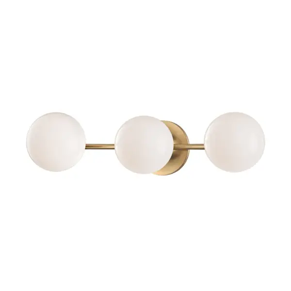 The Fleming bath bracket combines classic aged brass with modern LED efficiency. Its 20.75-inch width provides excellent illumination for medium to large vanities, while opal glass shades deliver soft, flattering light.