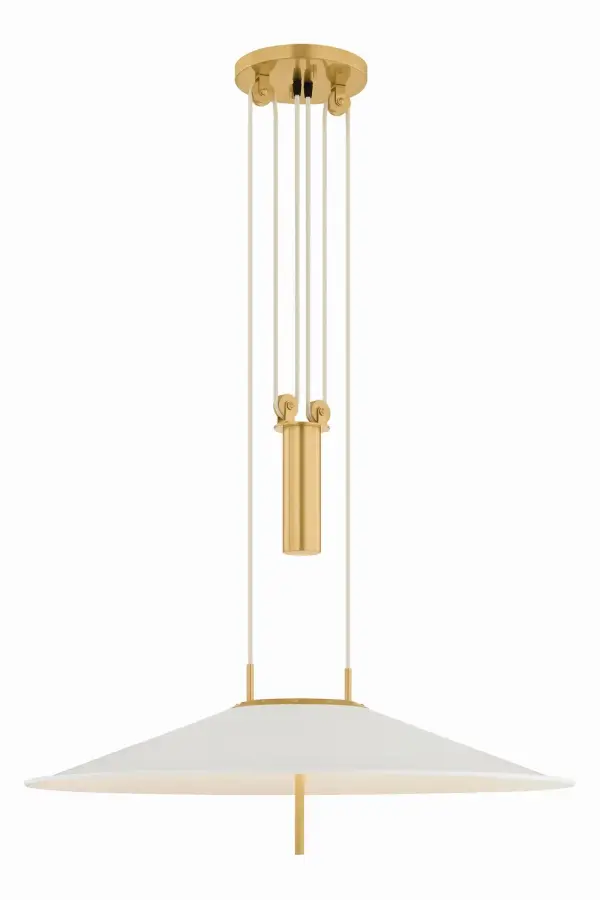 Celebrating its mechanical hardware, Emmons is a design-forward update on a rise-and-fall pendant. Exposed pulleys and counterweight details demonstrate the fixture's functional engineering with a clean, centered profile that supports the shade. Finished in Soft White, the short, wide metal shade is fitted with an integrated LED. The Aged Brass metalwork is complemented by a cream fabric cord linkage that adds both texture and visual balance to Emmons. Collection: Emmons Designer: Hudson Valley Lighting Finish: Aged Brass Glass: White Width: 30.00" Height: 6.75" Weight: 14.30 lb Wire: 120" Cream Fabric Covered Canopy: 8.00"x0.75" Number of Bulbs: 1 Maximum Wattage: 20.00 W Bulb Base: Integrated Light Source: LED Light Output: 1250.00 lm Color Temperature: 2700 K CRI: 90 Voltage: 120.00 V Material: Aluminum Country of Origin: VN Safety Listing: UL, cETL Safety Rating: Dry LED Manufacturer Warranty: 1 Year Limited Manufacturer Spec Sheet Instructions