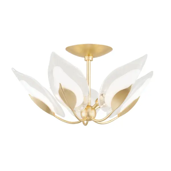 The Blossom semi-flush mount brings organic elegance to any space with its nature-inspired design and hand-applied gold leaf finish. At 24 inches wide, it provides substantial presence without overwhelming standard ceiling heights.