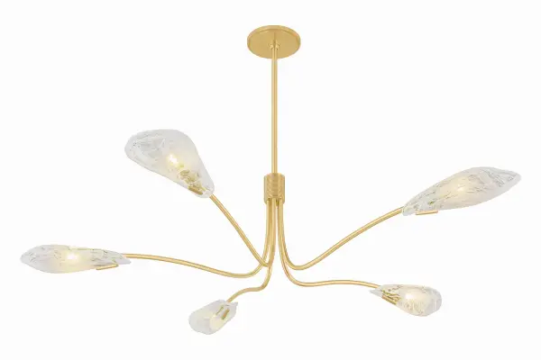 The Tenafly chandelier brings botanical elegance to large spaces with its calla lily-inspired piastre glass shades and reeded brass detailing. The 56-inch linear design makes a sophisticated statement over dining tables and islands.