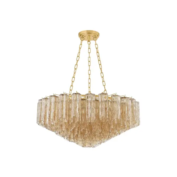 Watertown commands attention with its maximalist design featuring nine organically shaped Tronchi glass shades arranged in a descending cascade. The textured glass cuts and aged brass finish create a luxurious focal point perfect for grand spaces.