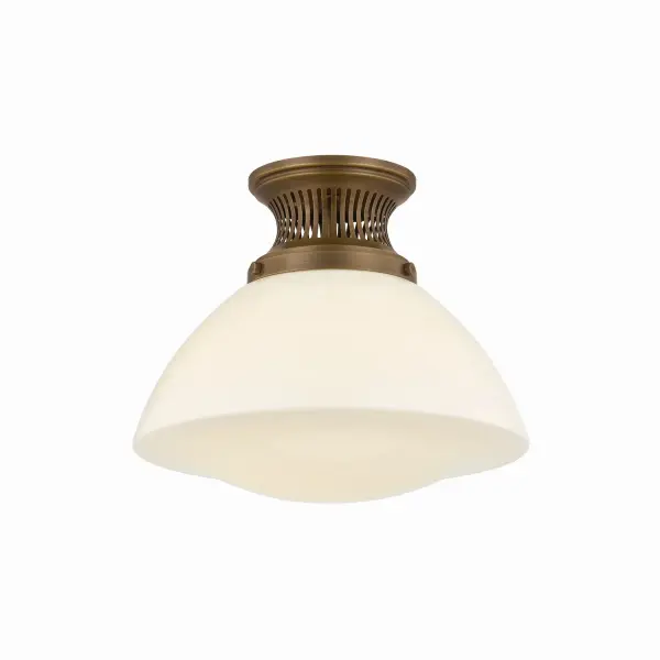 The Bruceville family distills a traditional lantern design into a simplified silhouette. A pronounced, chimney-like canopy anchors the design with a slotted gallery that introduces visual interest. From the metalwork to the opal glossy glass shade, the design flows as it tapers in and flares out. The pendant's distinctive chain linkage adds a nautical note, echoed by the Heritage Bronze finish. Available as a flush mount in two sizes and as a pendant in two sizes. Collection: Bruceville Designer: Hudson Valley Lighting Finish: Historic Bronze Glass: Opal Glossy Width: 12.25" Height: 10.25" Weight: 3.52 lb Canopy: 5.25"x3.50" Number of Bulbs: 1 Maximum Wattage: 15.00 W Bulb Type: A19 Bulb Base: E26 Medium Voltage: 120.00 V Material: Glass Country of Origin: VN Safety Listing: UL/cUL Safety Rating: Damp Manufacturer Warranty: 1 Year Limited Manufacturer Spec Sheet Instructions