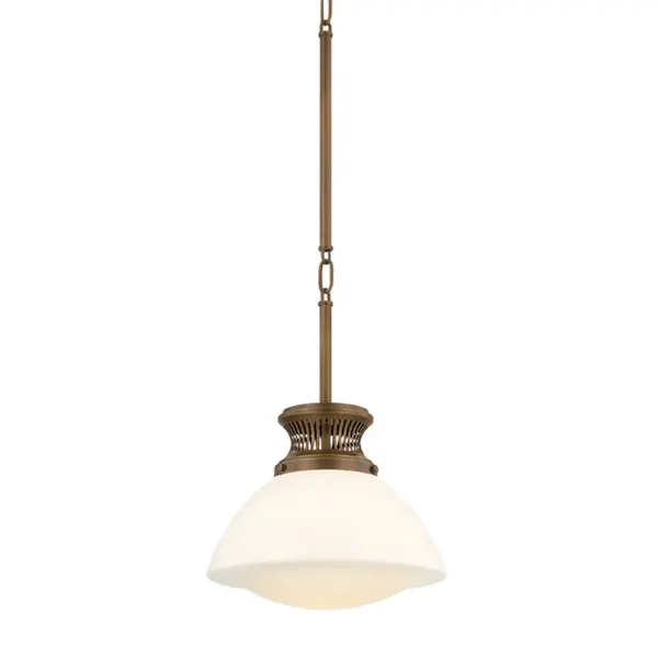 The Bruceville family distills a traditional lantern design into a simplified silhouette. A pronounced, chimney-like canopy anchors the design with a slotted gallery that introduces visual interest. From the metalwork to the opal glossy glass shade, the design flows as it tapers in and flares out. The pendant's distinctive chain linkage adds a nautical note, echoed by the Heritage Bronze finish. Available as a flush mount in two sizes and as a pendant in two sizes. Collection: Bruceville Designer: Hudson Valley Lighting Finish: Historic Bronze Glass: Opal Glossy Width: 12.25" Height: 16.75" Weight: 6.60 lb Chain: 54" Rod: 1-3" / 1-6" / 1-12" / 2-18" Canopy: 5.50"x0.75" Number of Bulbs: 1 Maximum Wattage: 15.00 W Bulb Type: A19 Bulb Base: E26 Medium Voltage: 120.00 V Material: Glass Country of Origin: VN Safety Listing: UL/cUL Safety Rating: Damp Manufacturer Warranty: 1 Year Limited Manufacturer Spec Sheet Instructions
