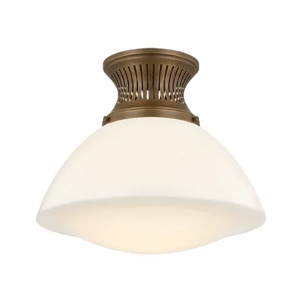 The Bruceville family distills a traditional lantern design into a simplified silhouette. A pronounced, chimney-like canopy anchors the design with a slotted gallery that introduces visual interest. From the metalwork to the opal glossy glass shade, the design flows as it tapers in and flares out. The pendant's distinctive chain linkage adds a nautical note, echoed by the Heritage Bronze finish. Available as a flush mount in two sizes and as a pendant in two sizes. Collection: Bruceville Designer: Hudson Valley Lighting Finish: Historic Bronze Glass: Opal Glossy Width: 16.00" Height: 13.75" Weight: 7.15 lb Canopy: 7.00"x5.00" Number of Bulbs: 1 Maximum Wattage: 25.00 W Bulb Type: A21 Bulb Base: E26 Medium Voltage: 120.00 V Material: Glass Country of Origin: VN Safety Listing: UL/cUL Safety Rating: Damp Manufacturer Warranty: 1 Year Limited Manufacturer Spec Sheet Instructions