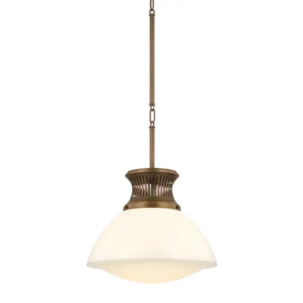 The Bruceville family distills a traditional lantern design into a simplified silhouette. A pronounced, chimney-like canopy anchors the design with a slotted gallery that introduces visual interest. From the metalwork to the opal glossy glass shade, the design flows as it tapers in and flares out. The pendant's distinctive chain linkage adds a nautical note, echoed by the Heritage Bronze finish. Available as a flush mount in two sizes and as a pendant in two sizes. Collection: Bruceville Designer: Hudson Valley Lighting Finish: Historic Bronze Glass: Opal Glossy Width: 16.00" Height: 20.25" Weight: 9.24 lb Chain: 54" Rod: 1-3" / 1-6" / 1-12" / 2-18" Canopy: 5.50"x0.75" Number of Bulbs: 1 Maximum Wattage: 25.00 W Bulb Type: A21 Bulb Base: E26 Medium Voltage: 120.00 V Material: Glass Country of Origin: VN Safety Listing: UL/cUL Safety Rating: Damp Manufacturer Warranty: 1 Year Limited Manufacturer Spec Sheet Instructions