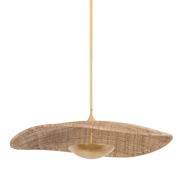 The Shiloh pendant brings organic warmth and sculptural presence to any space. Its handwoven rattan shade paired with vintage gold metalwork creates a sophisticated yet relaxed aesthetic that works beautifully in both coastal and modern interiors.