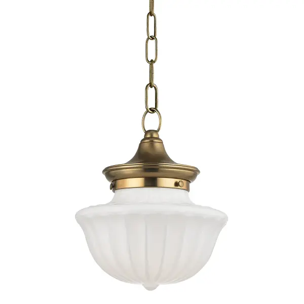 The Dutchess pendant delivers timeless appeal in a compact 9-inch diameter. Its aged brass finish and opal glass shade create warm, diffused light perfect for smaller areas. Chain-hung design offers excellent height adjustability.