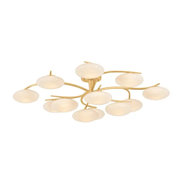 The sprawling Bayberry semi flush mount leans into the modern-organic design trend. Finished in Vintage Gold Leaf, the branch-like arms splay off in different directions to uniformly distribute the shallow glass shades at close-to-ceiling range. The soft curves of the metalwork and its joints are complemented by the scalloped contour of the cloud glass shades. Available with 6 or 12 lights, Bayberry leaves an artful impression in an entryway or dining room. Collection: Bayberry Designer: Hudson Valley Lighting Finish: Vintage Gold Leaf Glass: Cloud Width: 45.25" Height: 11.00" Weight: 19.80 lb Canopy: 6.00"x0.50" Number of Bulbs: 12 Maximum Wattage: 99.00 W Bulb Base: Integrated Light Source: LED Light Output: 4550.00 lm Color Temperature: 2700 K CRI: 90 Voltage: 120.00 V Material: Glass Country of Origin: PH Safety Listing: UL, cETL Safety Rating: Damp LED Manufacturer Warranty: 1 Year Limited Manufacturer Spec Sheet Instructions