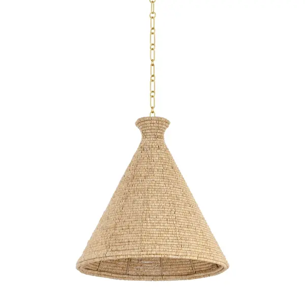 The Tallman pendant showcases artisanal craftsmanship with its handcrafted natural wood bead shade in a distinctive conical form. The warm organic texture pairs beautifully with the elegant Vintage Gold Leaf chain, creating a fresh yet timeless aesthetic perfect for modern coastal or organic interiors.