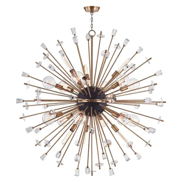 The Liberty chandelier commands attention with its dramatic 60-inch scale, combining matte black metal with aged brass accents and crystal discs that refract light spectacularly. Perfect for grand spaces requiring a show-stopping centerpiece.