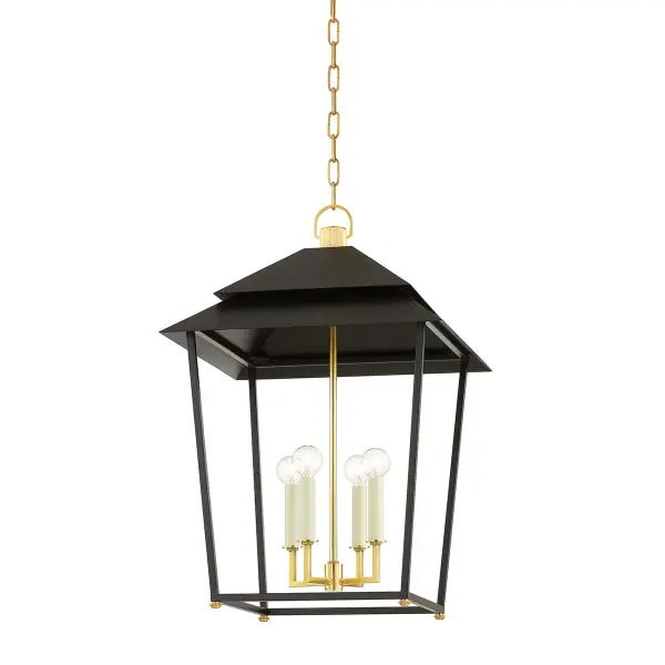 This traditional lantern pendant brings architectural elegance with its four-light configuration and aged brass finish. The clear glass panels showcase the bulbs while the metal frame provides substantial presence.