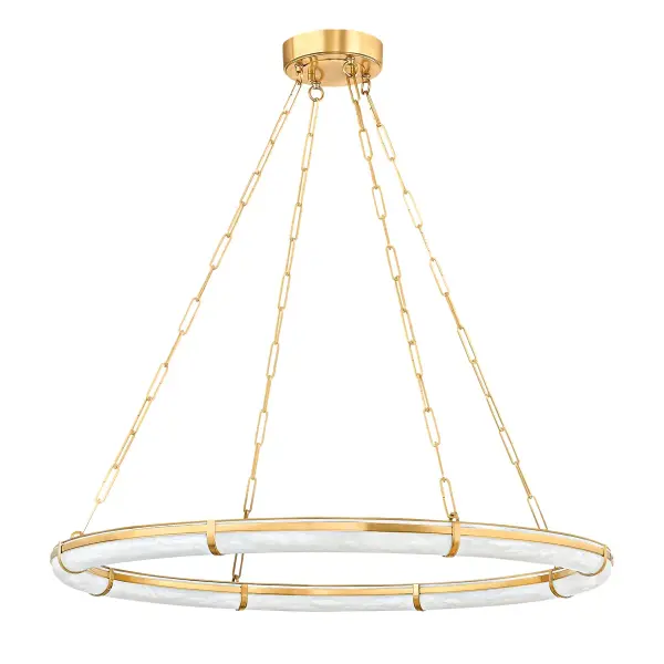 The Sennett chandelier transforms natural alabaster into a luminous focal point. Its 42-inch ring silhouette and integrated LED create an ethereal glow that highlights the stone's unique veining, perfect for modern luxury spaces.