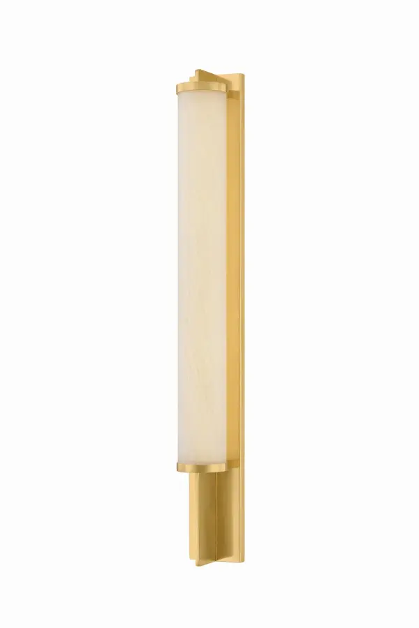The Northfield sconce delivers understated modern elegance with its vertical matte cloud glass tube and streamlined Aged Brass metalwork. Integrated LED provides warm, efficient lighting ideal for bathrooms and hallways.